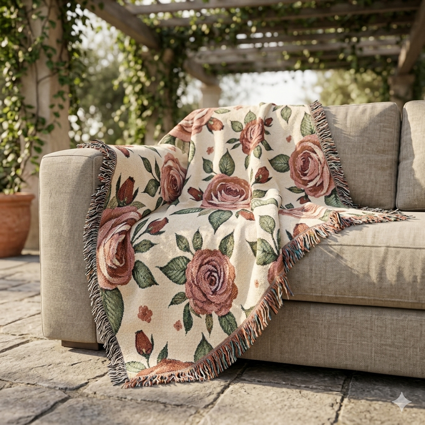 Floral Woven Blanket — Vintage Rose Throw for Living Room & Bedroom