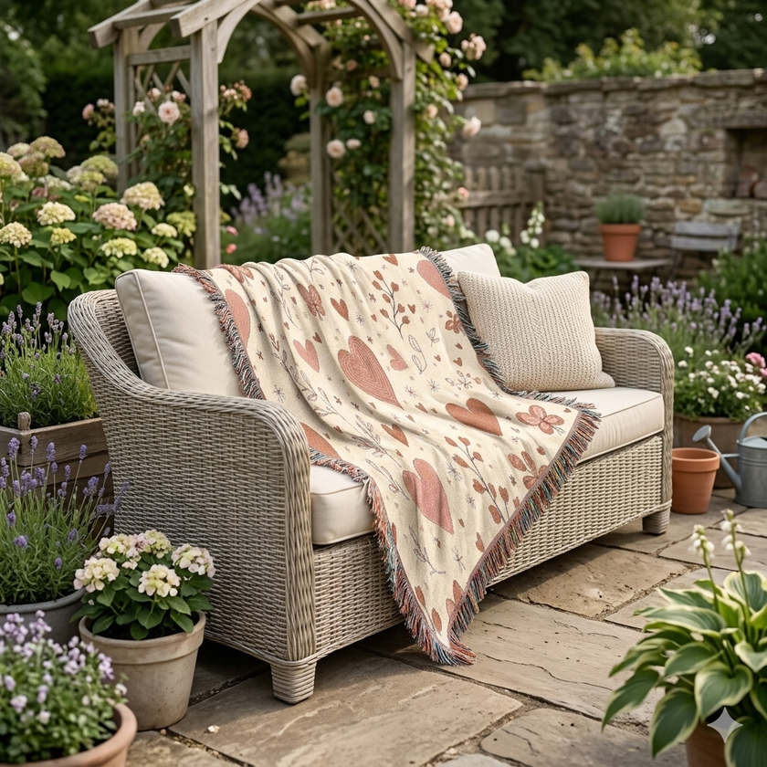 Heart Pattern Woven Blanket — Boho Floral Throw for Cozy Living & Valentine Gifts