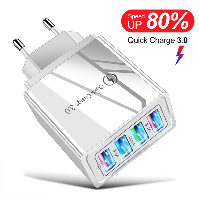 4-Port USB Wall Charger with Quick Charge 3.0 – EU, UK & US Plug | Multi-Colour