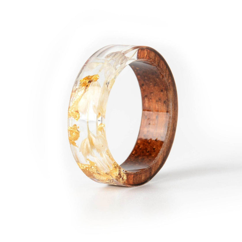 Handmade DIY romantic dry flower Real wood resin ring gold / silver paper inside ring women wedding party ring gifts for the lover