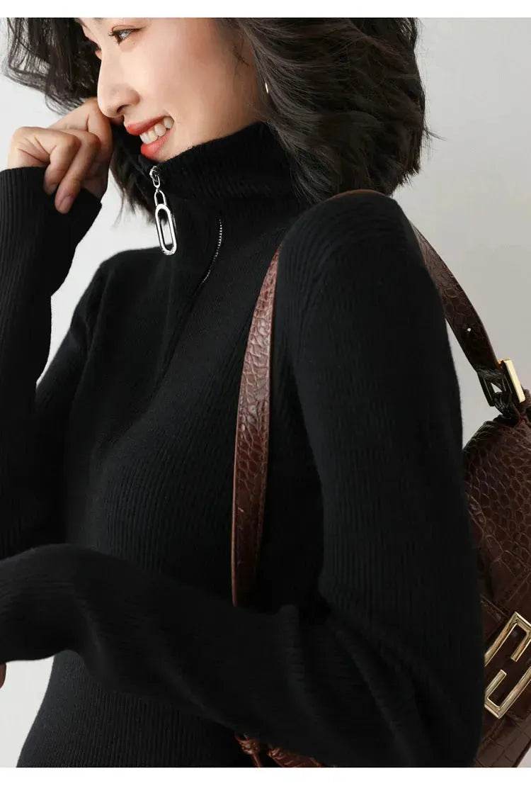 Women Autumn Winter Slim Fit High neck Half zip Knitted sweater Top
