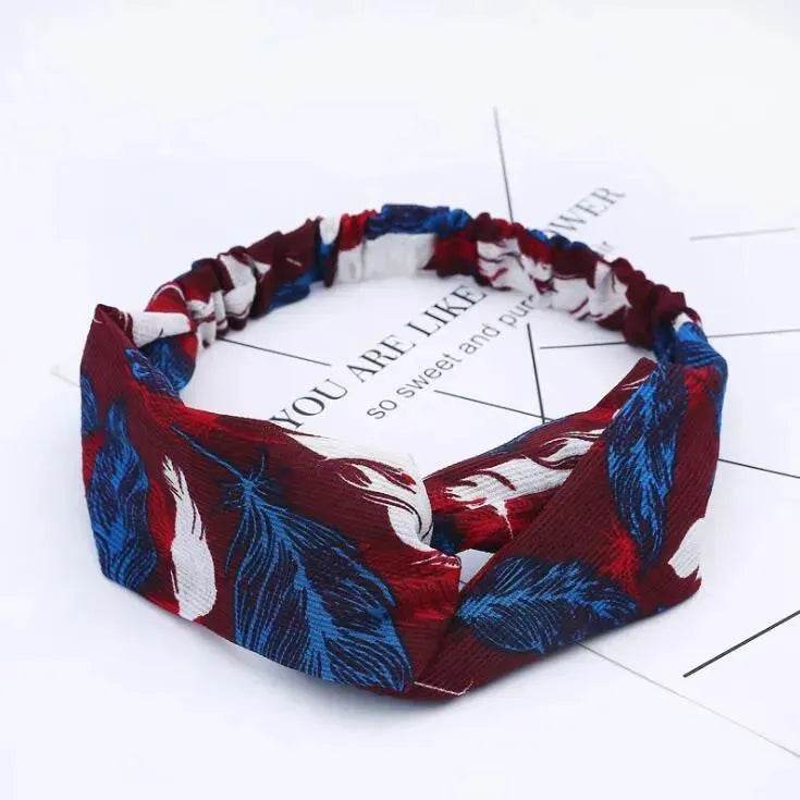 Women Retro Style Knotted Hairband floral Print Cross Headband