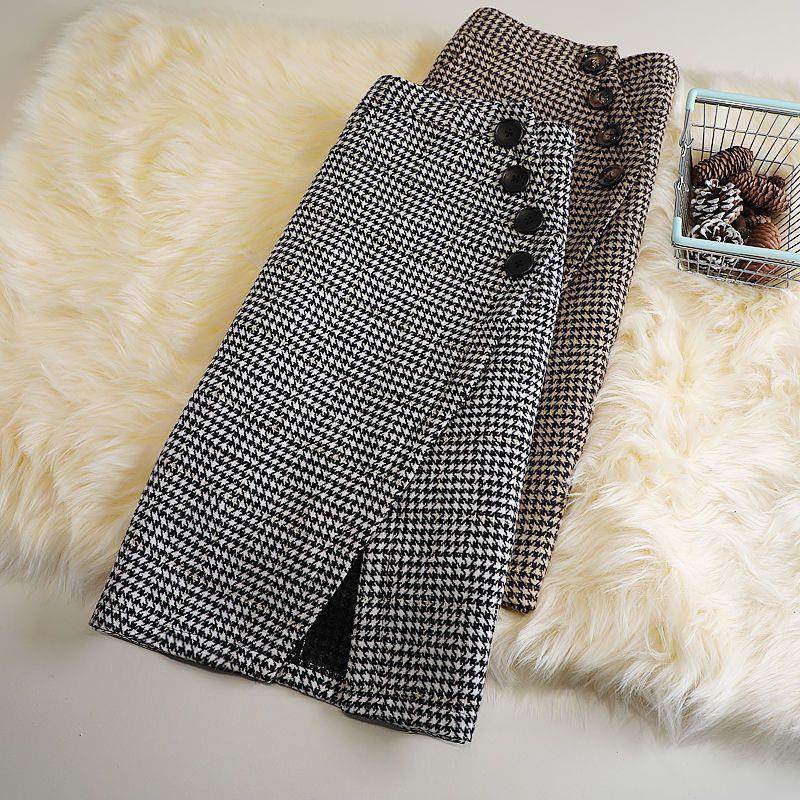 Elegant Women's  professional formal business office work Slit Houndstooth pencil Midi Skirt