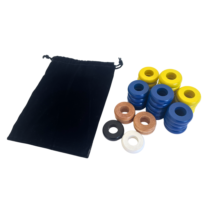 32 Blue and Yellow Carrom / Pichenotte / Croquignole Rings - (Blue / Yellow / Natural / Black / White) - Anneaux De Pichenottes - Game Accessories / Accessoires De Jeu