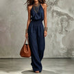 Women's Halter Neck Backless Wide-Leg Jumpsuit | Sleeveless Lace-Up Onesie