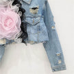 Elegant women fashion embroidered cropped Ripped blue Denim Jacket