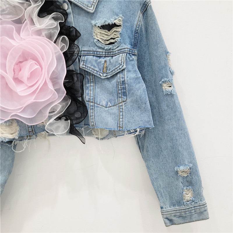 Elegant women fashion embroidered cropped Ripped blue Denim Jacket
