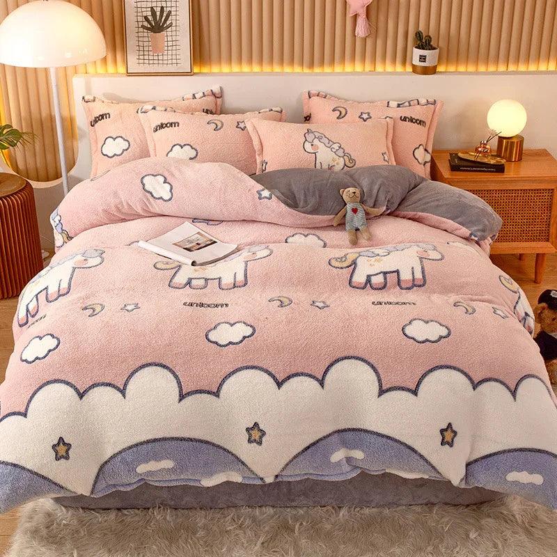 Coral Fleece Duvet Cover Sheet Flannel Pillowcase