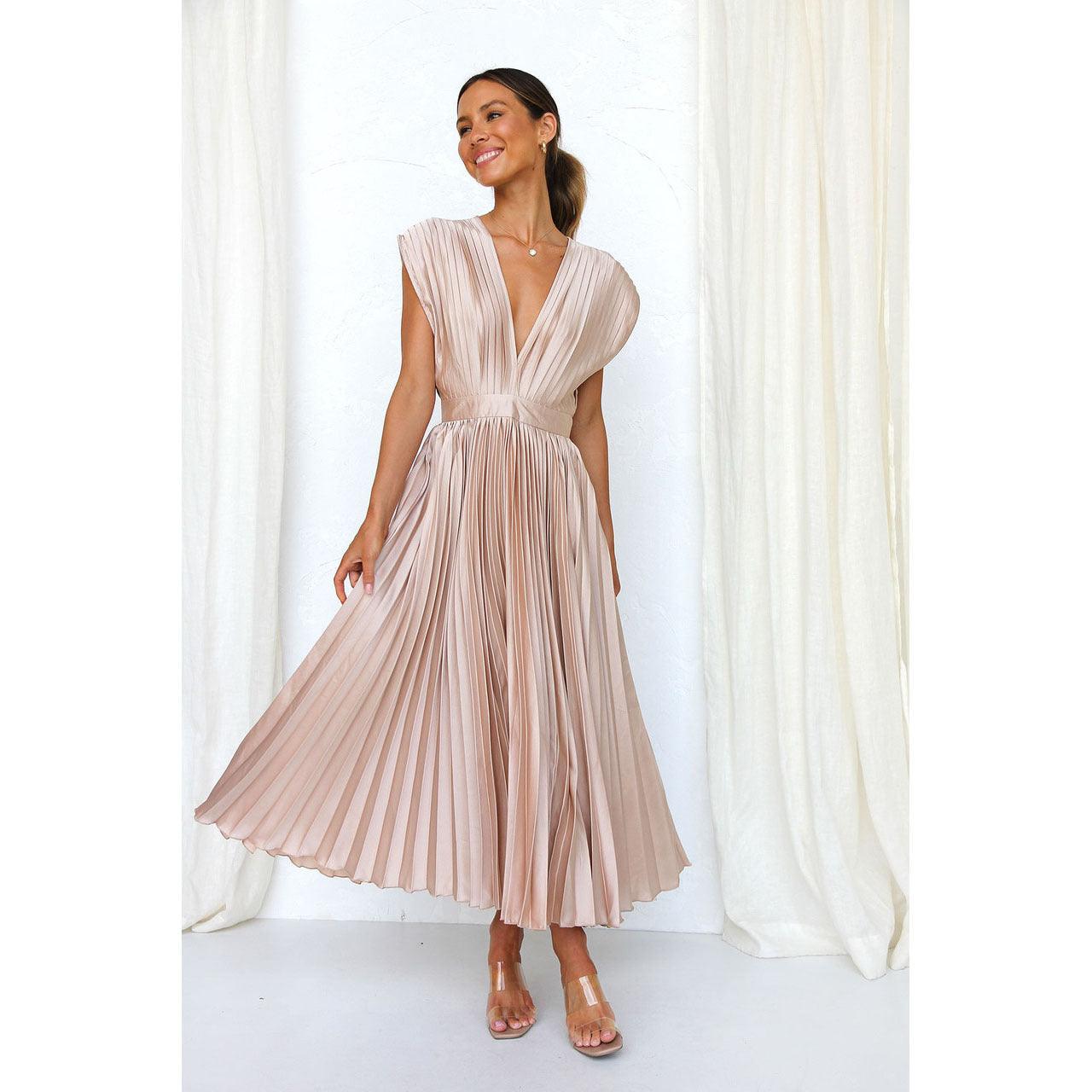 Women's V-Neck Pleated Midi Dress – Sleeveless Zip Casual Summer Dress
