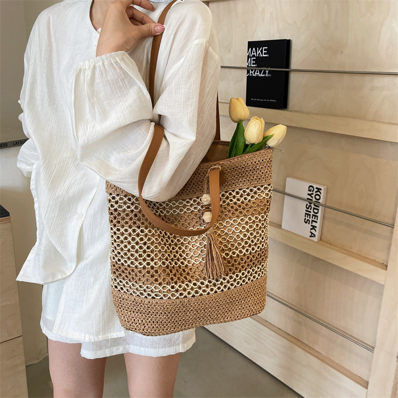Striped Straw Beach Tote Bag with Tassel – Large Capacity Boho Shoulder Bag | Beige & Brown