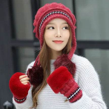 Women Cozy Knit Fleece-Feel Beanie With Ear Flaps Winter Hat Perfect For Skiing & Outdoor Activities