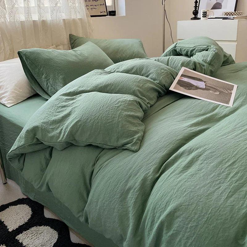Solid Colour Sanding Washed Cotton 4-Piece Duvet Cover Bed Set