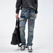 American Style Loose Broken Patch Straight Retro Denim Jeans pant Trousers Men