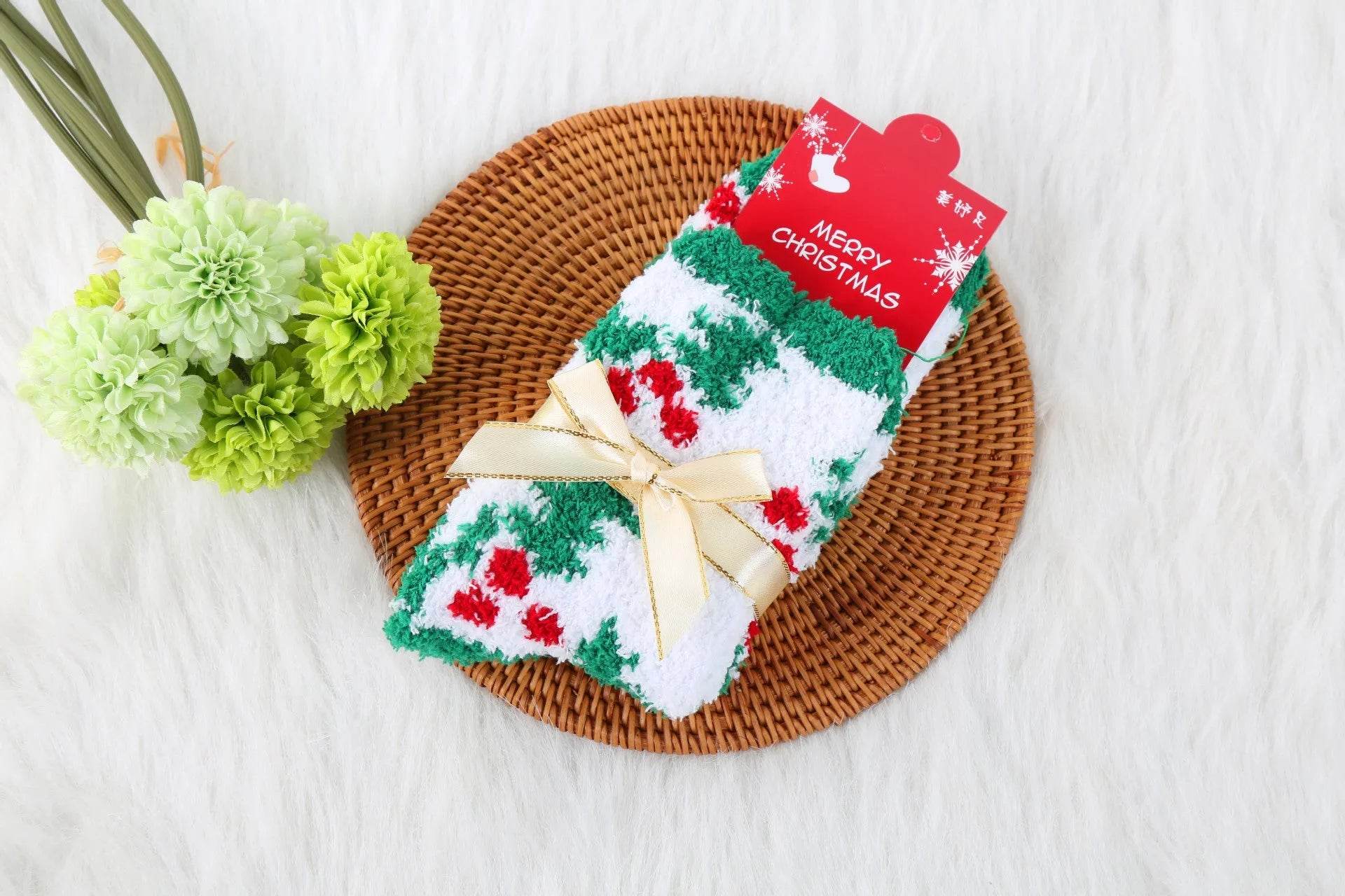 Winter Christmas Stockings Women's Thickened Bow Long Tube Fleece-lined