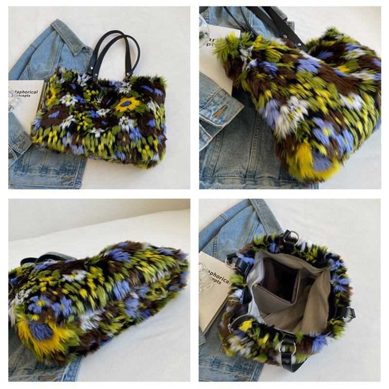 Women's Winter Plush Floral Shoulder Bag – Large Tote Handbag (White & Decor)