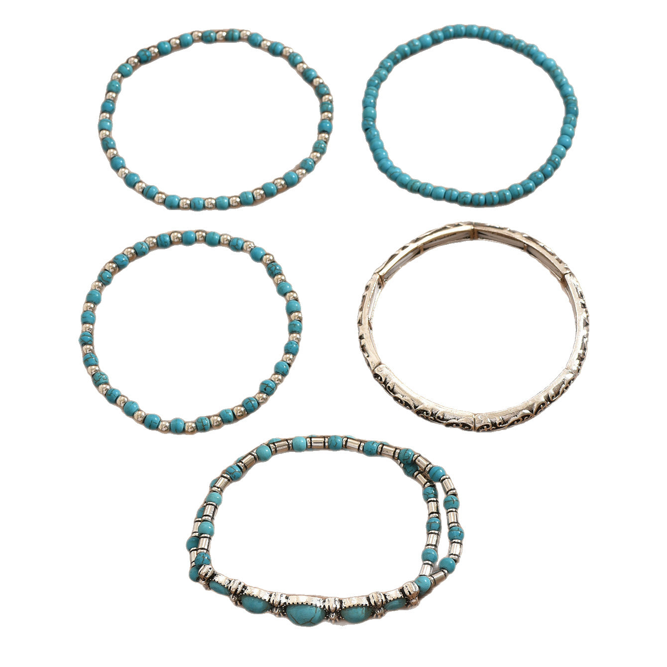 Turquoise Beaded Bow Bracelet Set for Women – 5-Piece Vintage Boho Stack