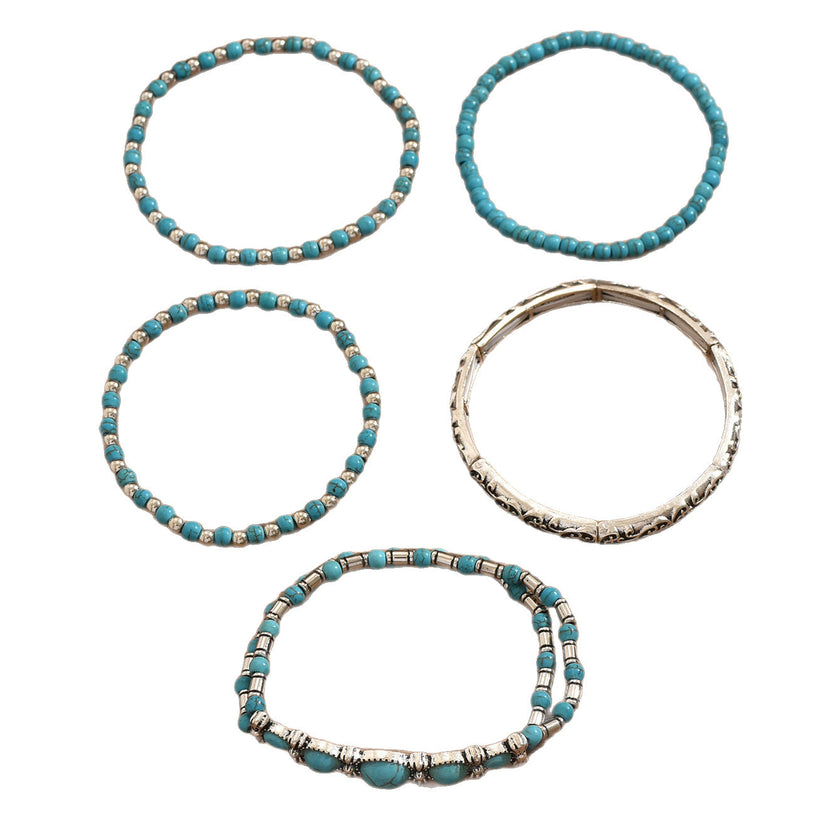 Turquoise Beaded Bow Bracelet Set for Women – 5-Piece Vintage Boho Stack