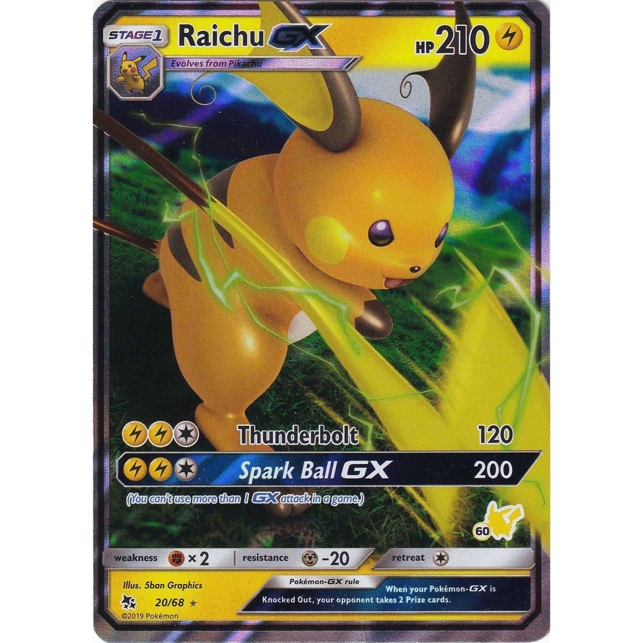 Raichu GX - 20/68 (#60 Pikachu Stamped) (020/068) (BTA)