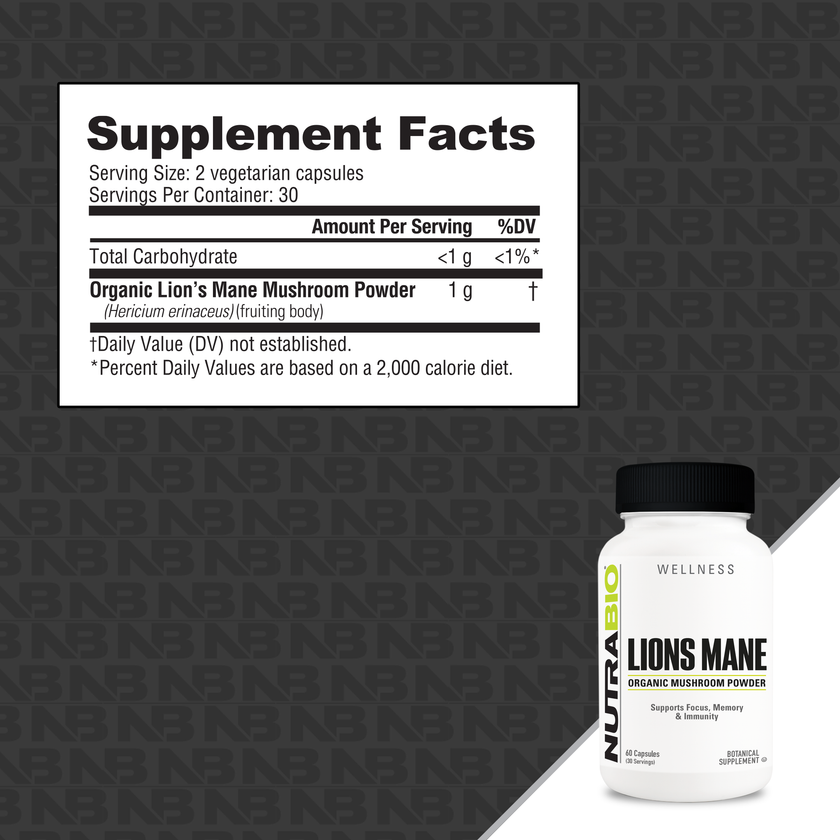 NutraBio Organic Lions Mane (500mg) - 60 Capsules
