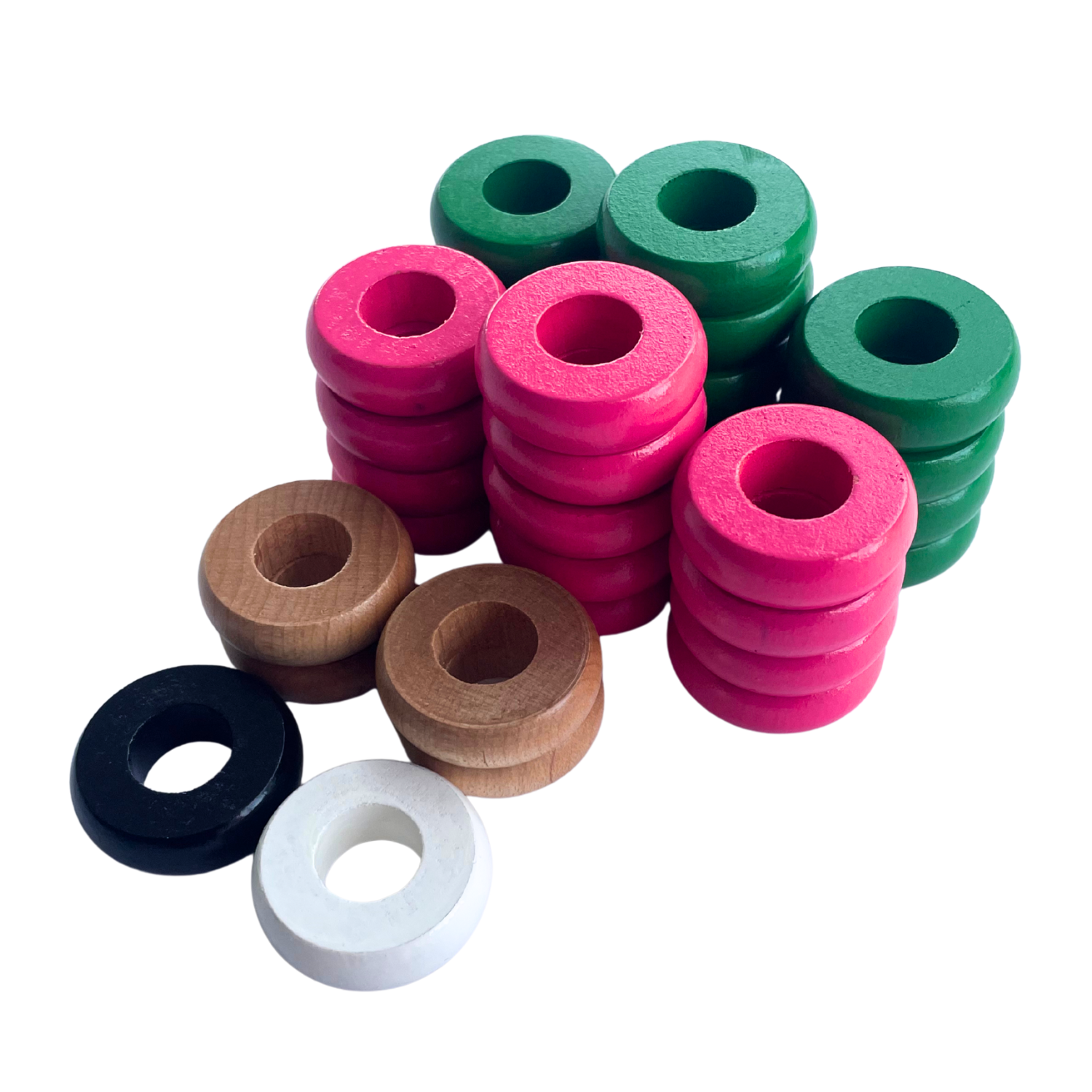 32 Green and Pink Carrom / Pichenotte / Croquignole Rings - (Green / Pink / Natural / Black / White) - Anneaux De Pichenottes - Game Accessories / Accessoires De Jeu