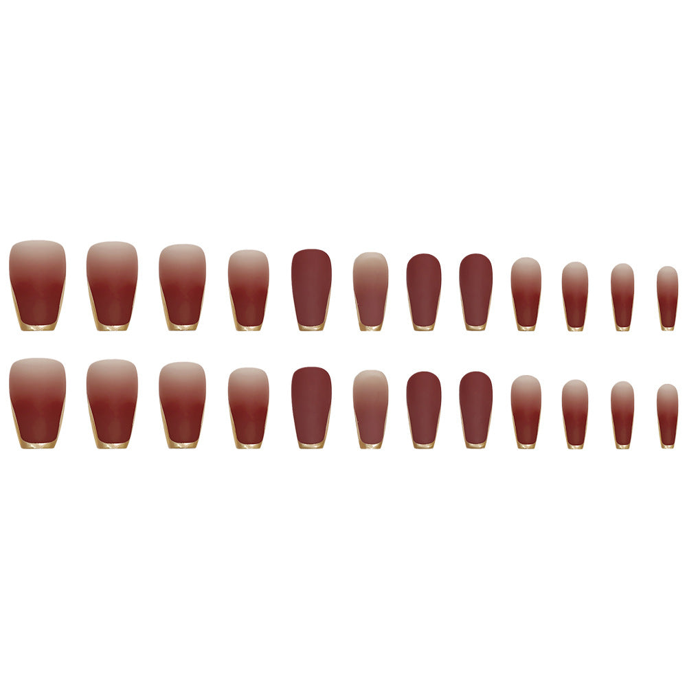24-Piece 3D Gold-Plated Coffin Press-On Nails – Brown Gradient French Tips with Gel Glue & Nail File