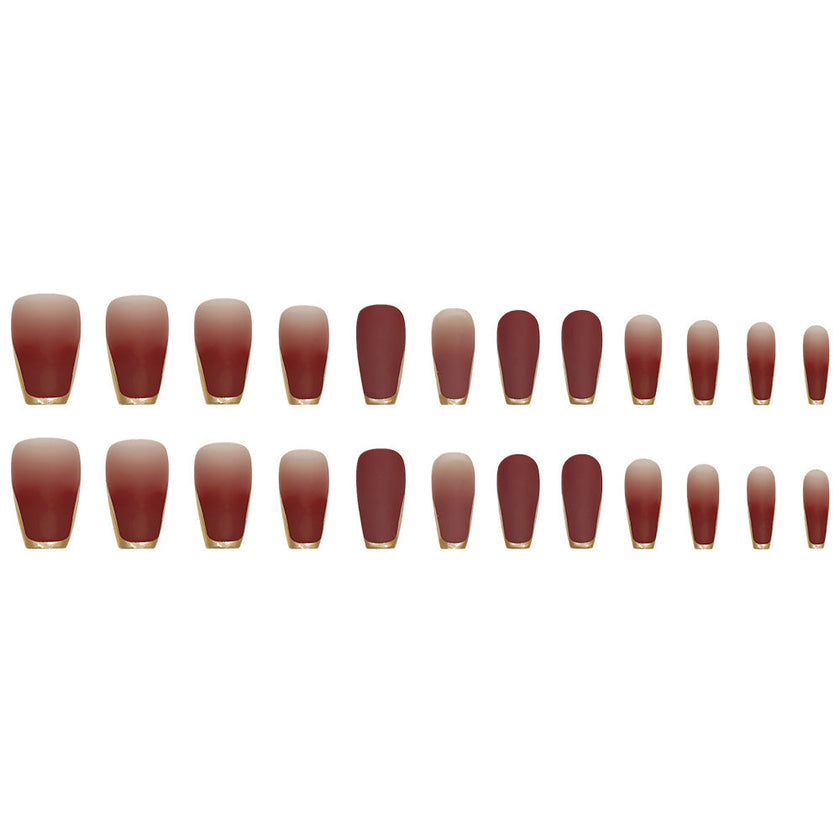 24-Piece 3D Gold-Plated Coffin Press-On Nails – Brown Gradient French Tips with Gel Glue & Nail File