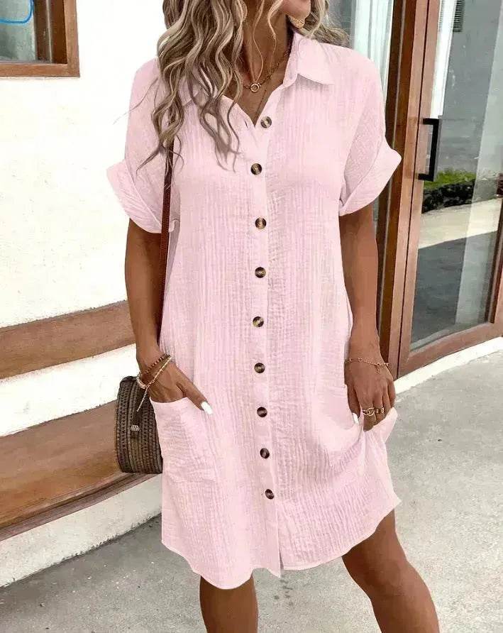 Womens Button Down Shirt Dress Summer Cotton Linen Dress V-Neck Mini Dress Casual Short Sleeve Loose Tunic Dresses