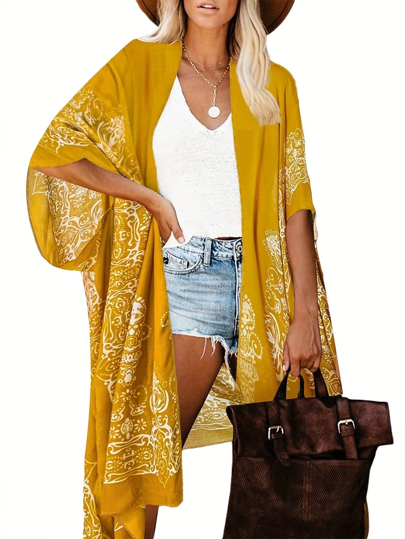 Spring Summer Printed Sun Protection Beach Kimono Cardigan Blouse top Women