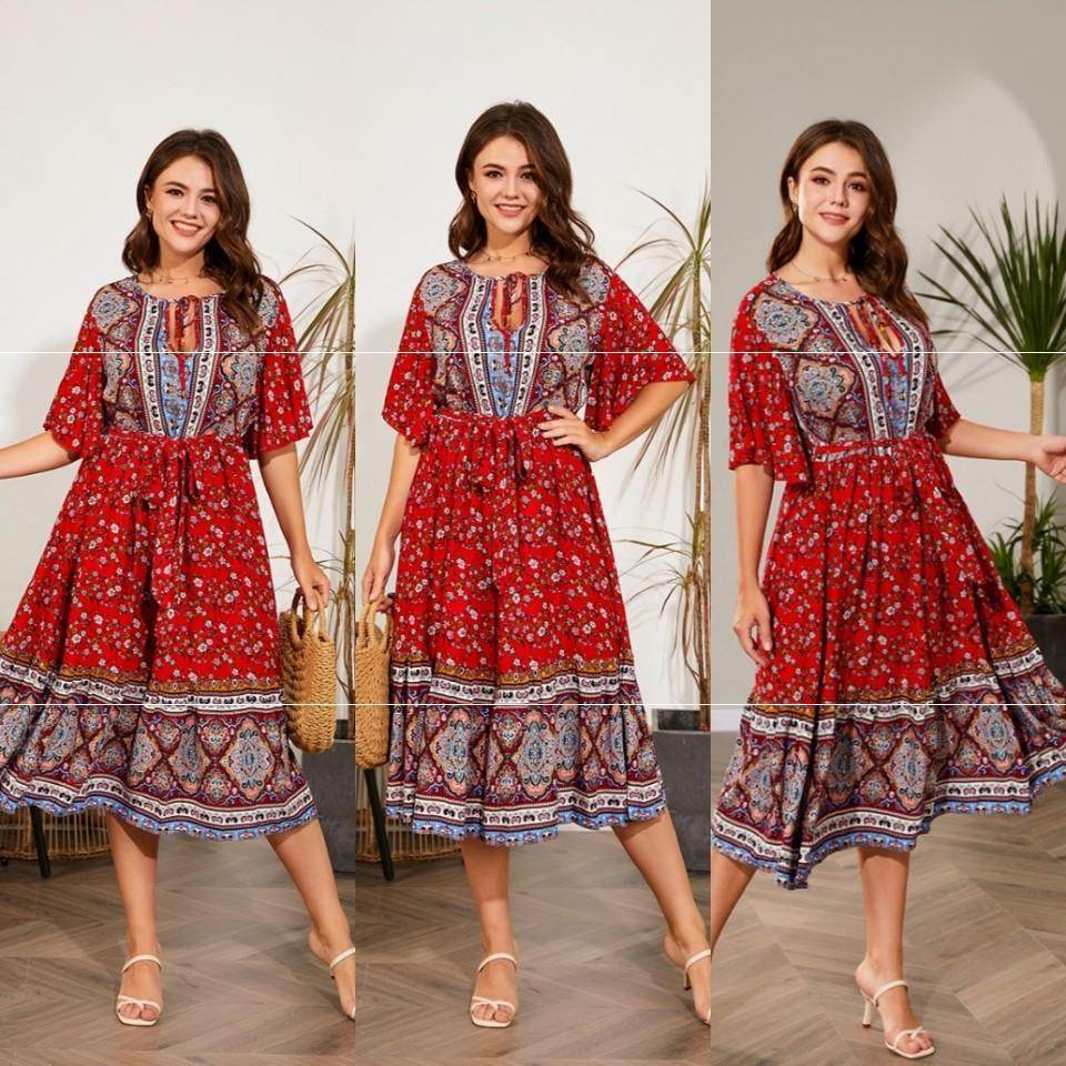 Modest Plus Size Summer dress V Neck Midi Beach boho Dress