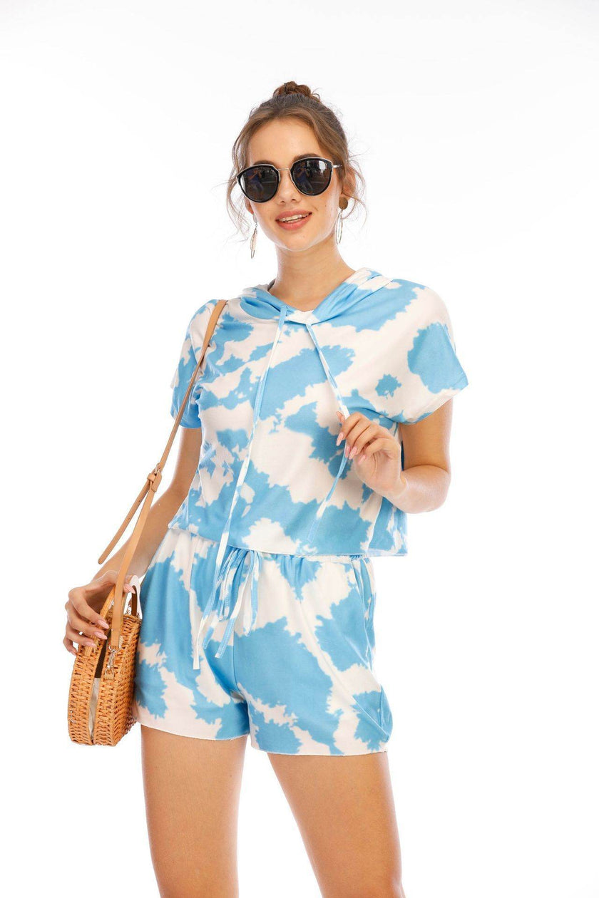 2pcs Tie-dye Loungewear Hoodie Athleisure Short-sleeved short set