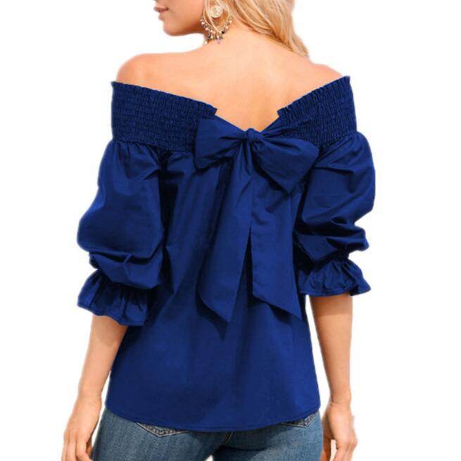 Spring Summer Women Off Shoulder Strapless Blouse top Bowknot Slash Neck Casual Loose Plus Size top