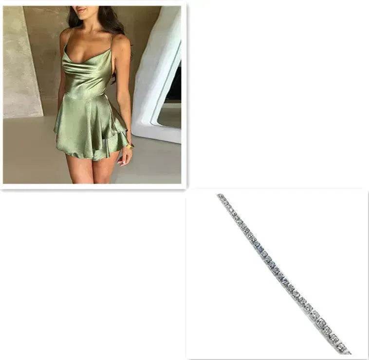 Elegant Chic Skirt Dress For Women Elegant Slim Strap Satin Backless Lace Up Ladies Party Mini Skater Dress