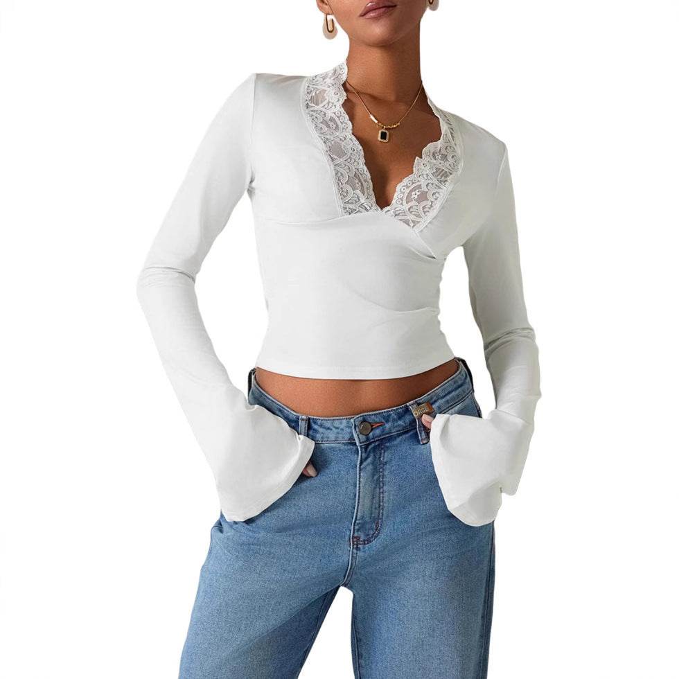 Slim V-neck Lace Ins Fashion Trumpet Sleeve Long-sleeved tank Top Women Clothing