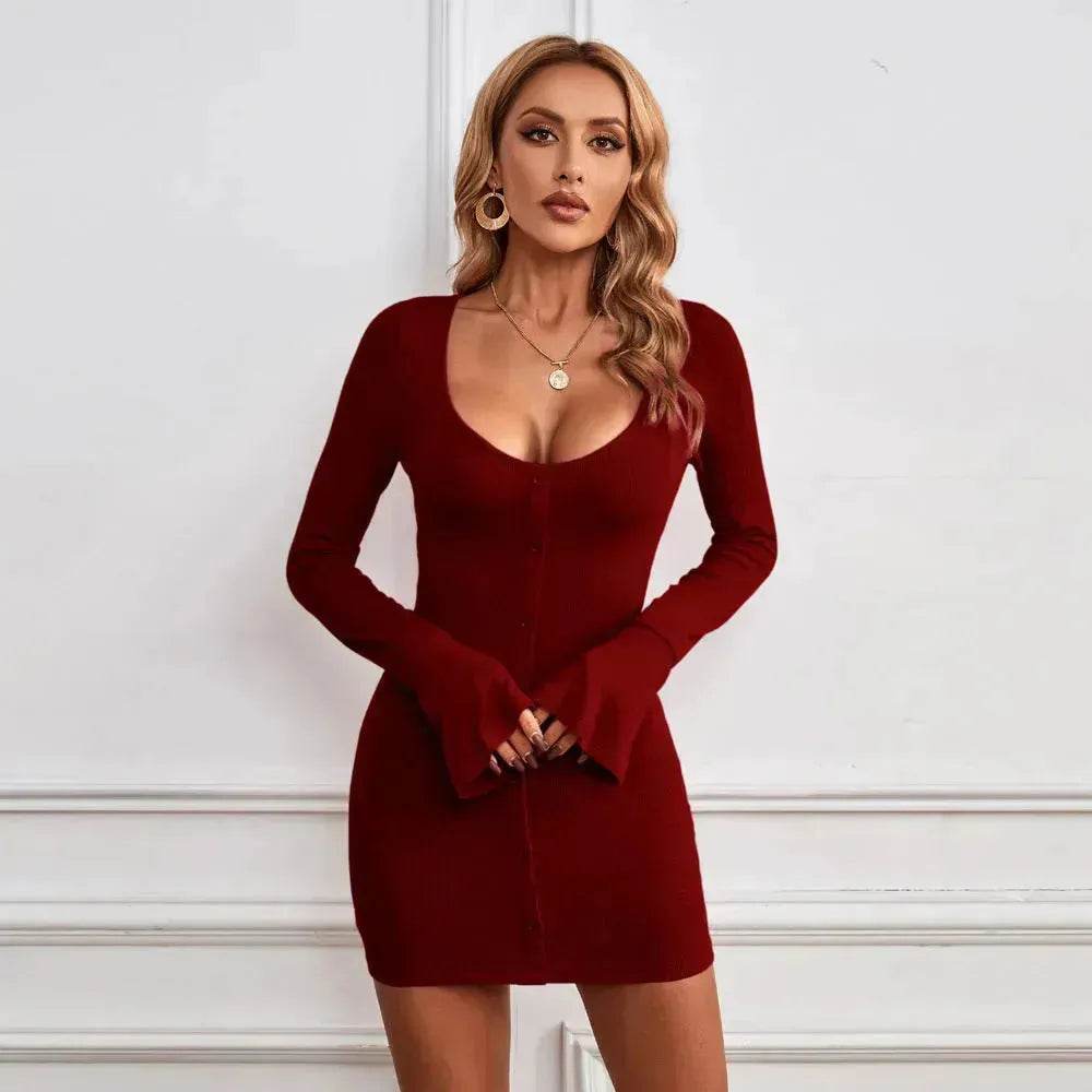 Chic Ladies Bodycon U-neck Long-sleeved Dress Charming Slim Hip-hugging Short Mini  Dresses  for Women