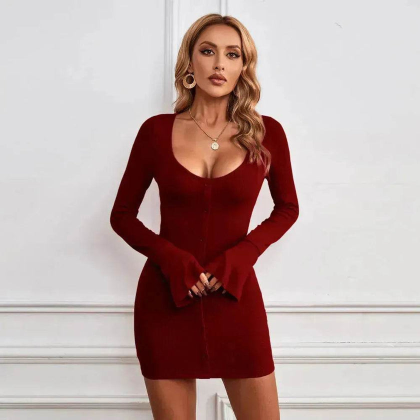 Chic Ladies Bodycon U-neck Long-sleeved Dress Charming Slim Hip-hugging Short Mini  Dresses  for Women