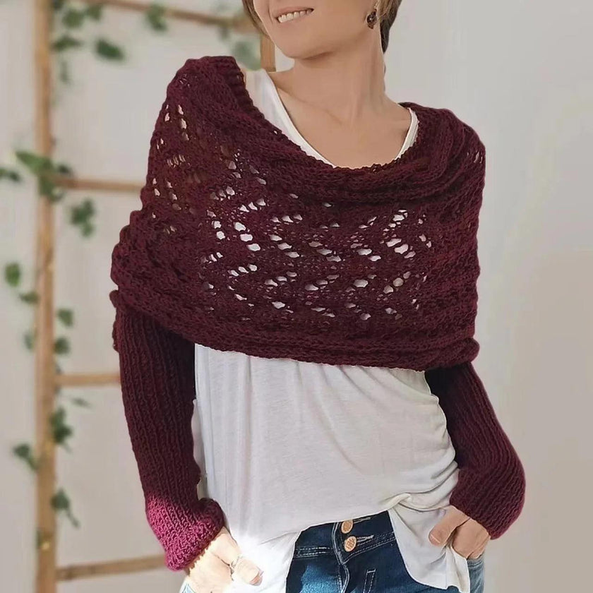 Autumn And Winter Warm Knitted Shawl top Women's Hollowed-out Double Sleeve