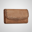 MET Women’s Leather Wallet. Tri-Fold Clutch Organizer with Studded and Whipstitch Detail