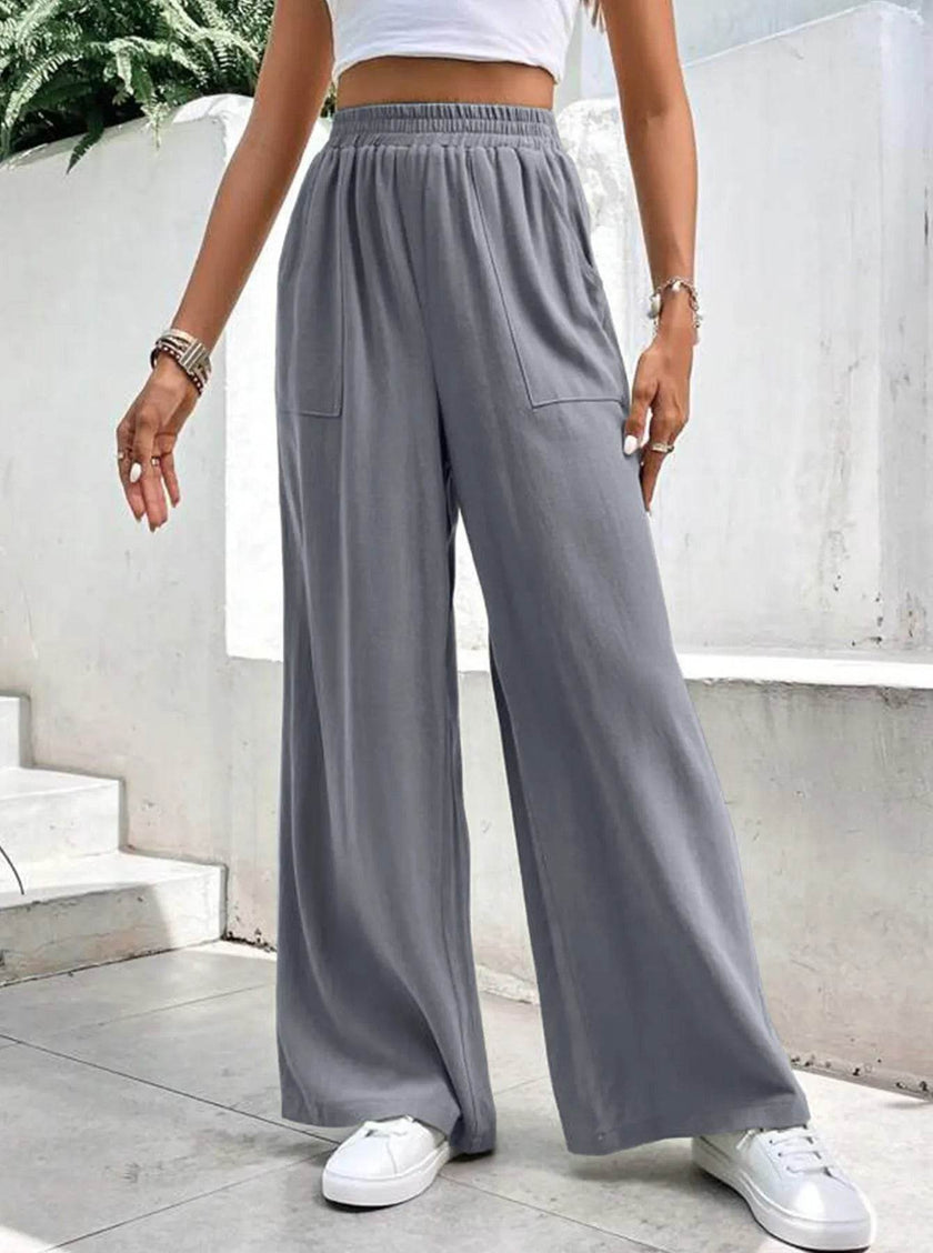 Women Middle-waisted Straight-leg Pants Loose Sports Pocket Casual Trousers