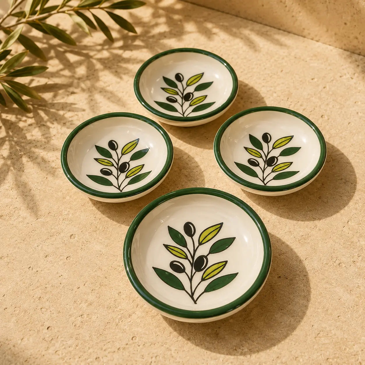 Pack of 6 Small Ceramic Appetizer & Dessert Plate – 9 cm, Handmade Luxury Plate with Olive Branch Design