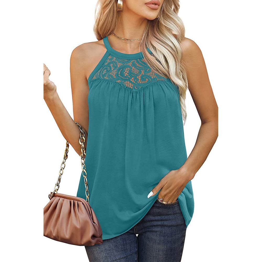 Women's Sleeveless Lace Cotton Top – Loose Fit Halter Neck Summer Blouse in 7 Colours