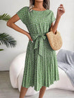 Casual Spring Summer Tie belt Pleated Floral Midi Dress