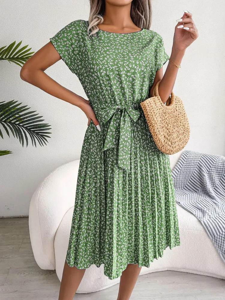 Casual Spring Summer Tie belt Pleated Floral Midi Dress