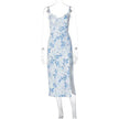 Women's Floral Spaghetti Strap Cami Dress Lace Trim Side Slit Bodycon Midi summer Dress