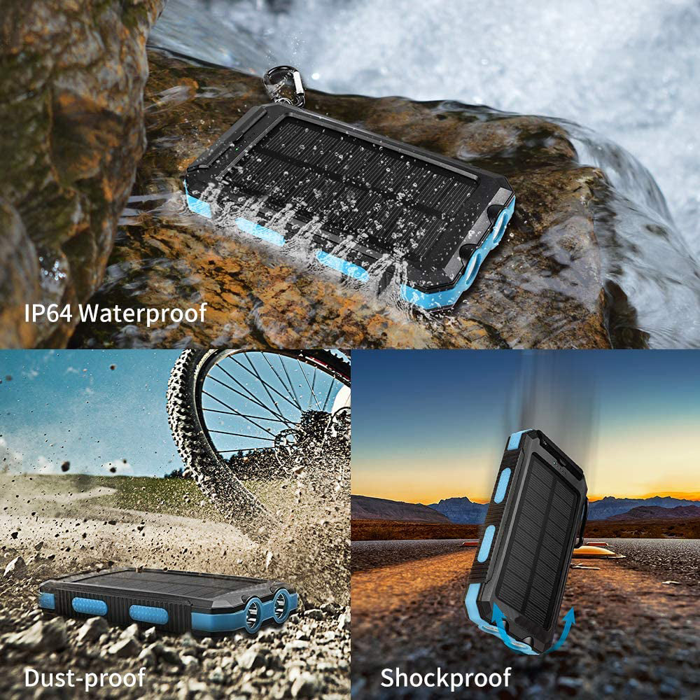 Solar Power Bank 10000mAh – Waterproof, LED Flashlight, SOS, Compass & Carabiner