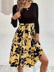Floral Print Long Sleeve Skirt - Round Neck Flared Dress
