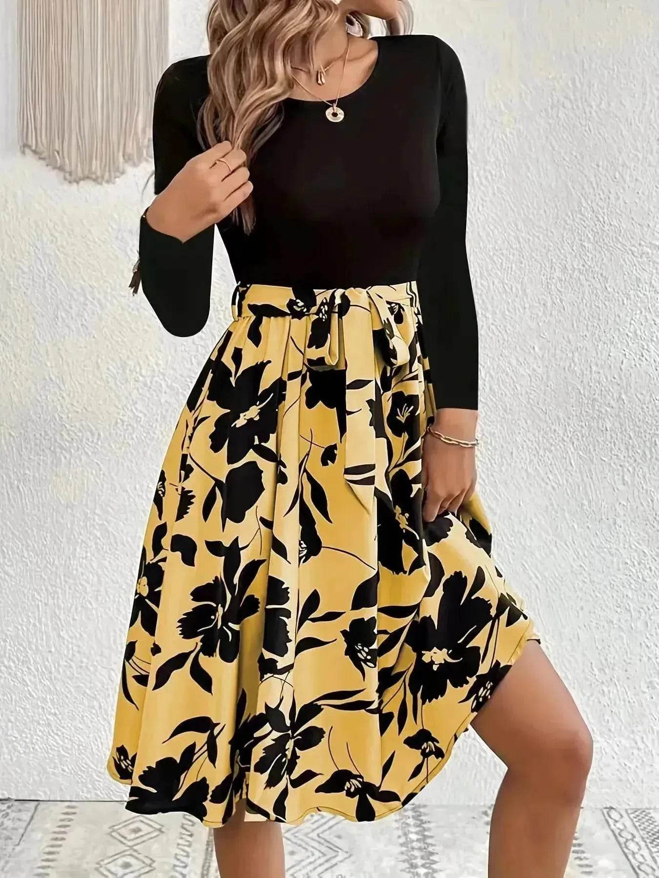 Floral Print Long Sleeve Skirt - Round Neck Flared Dress