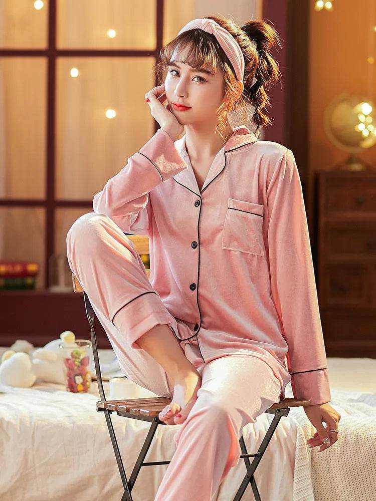 2pcs Couple Gold Velvet Long Sleeve Pajamas set