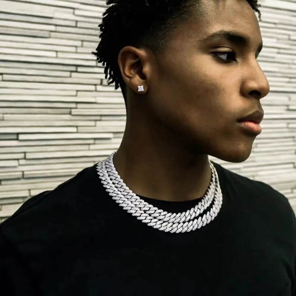 Box Buckle 14mm Bar Cuban Link Chain Bracelet and Necklace 2pcs