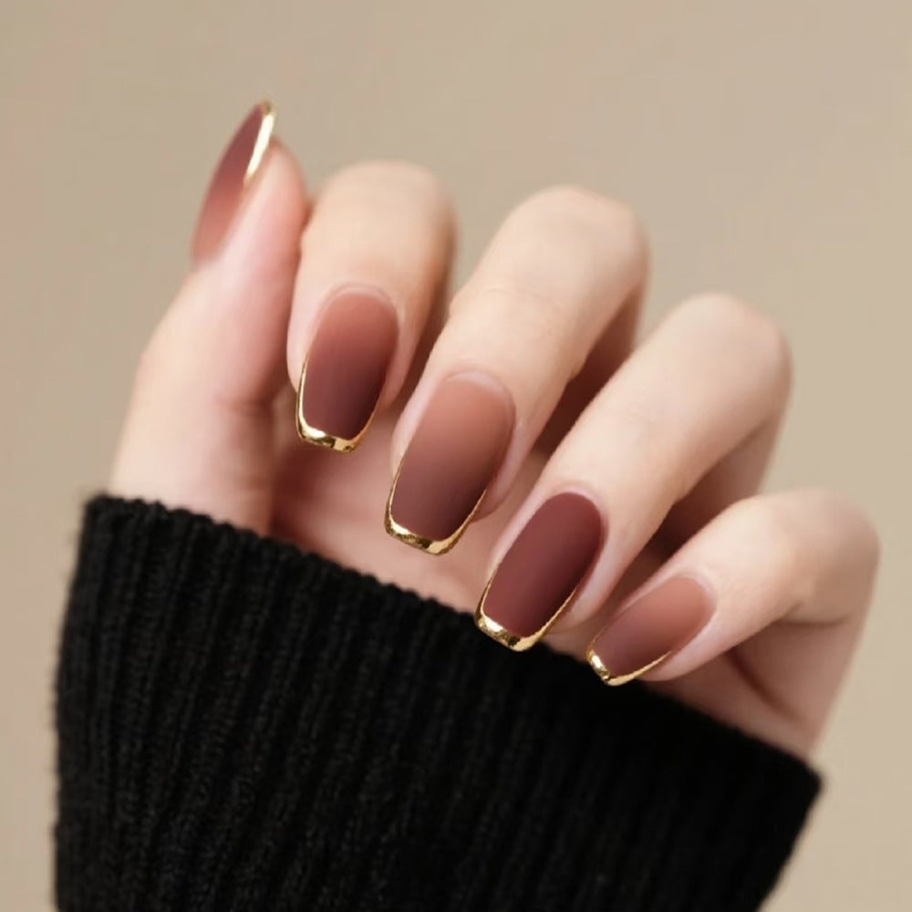 24-Piece 3D Gold-Plated Coffin Press-On Nails – Brown Gradient French Tips with Gel Glue & Nail File