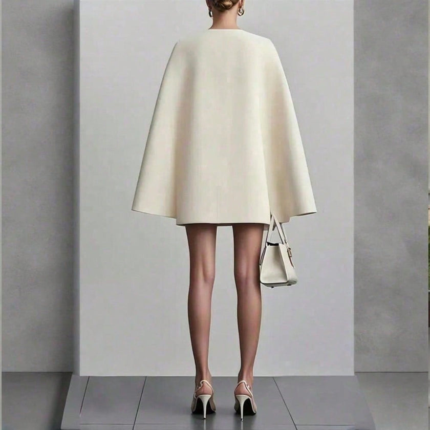 Elegant Cape Blazer Mini Dress For Women, Luxury Double-Breasted V-Neck Formal Dress With Structured Shoulders & Flowing Cape Sleeves.